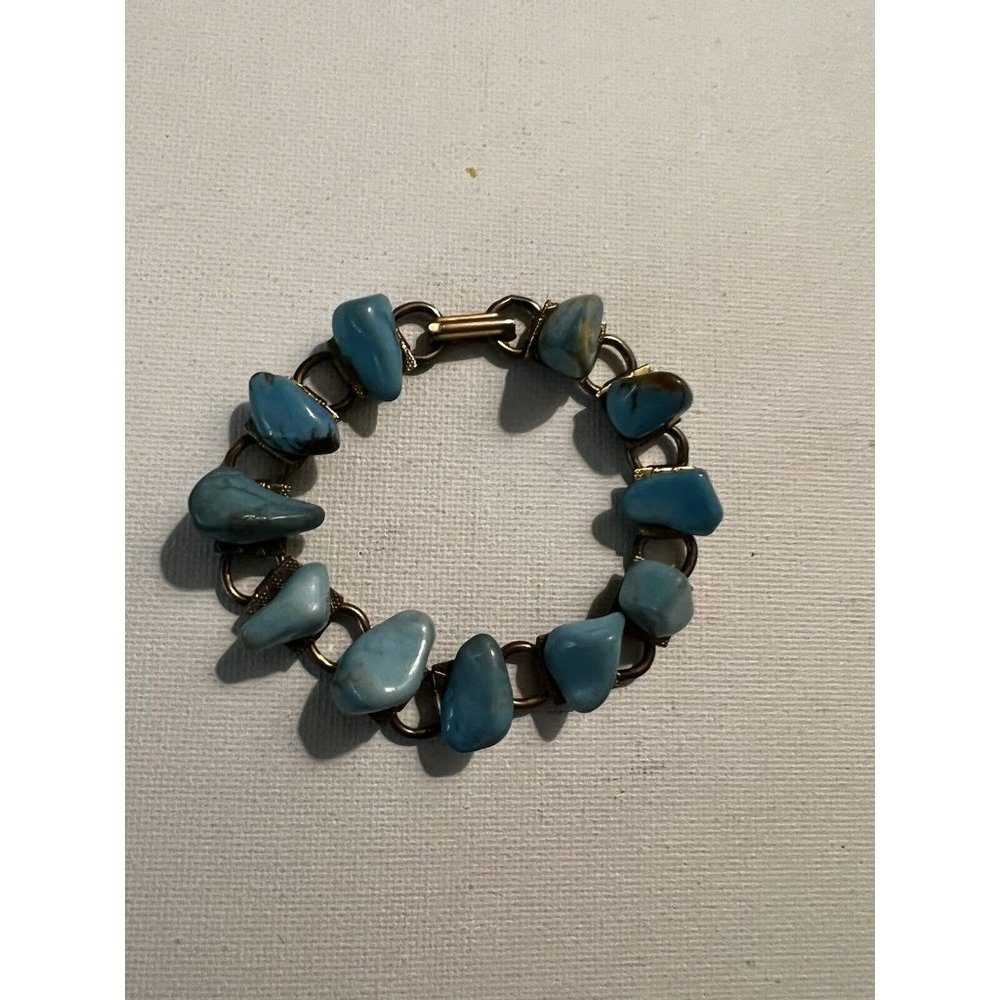 Vintage Silver Tone Book Chain Link Bracelet W Faux Turquoise Nuggets ~ 7"